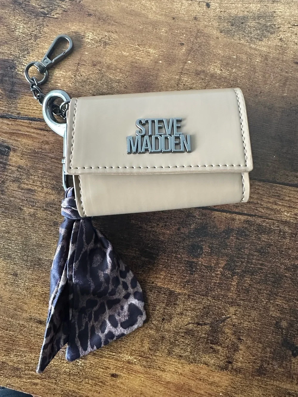 Steve Madden Tan Keychain Wallet Card Holder with Leopard Scarf Bag Charm NWOT